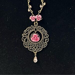 Victorian Inspired Filigree Necklace With Pink Roses and Rhinestones Bronze